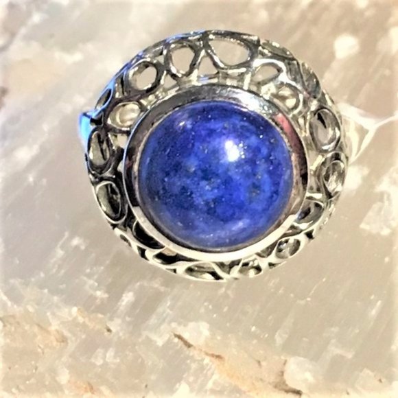 Genuine Lapis Lazuli Round .925 Ring Ornate Silver size 6.5 - Picture 13 of 13